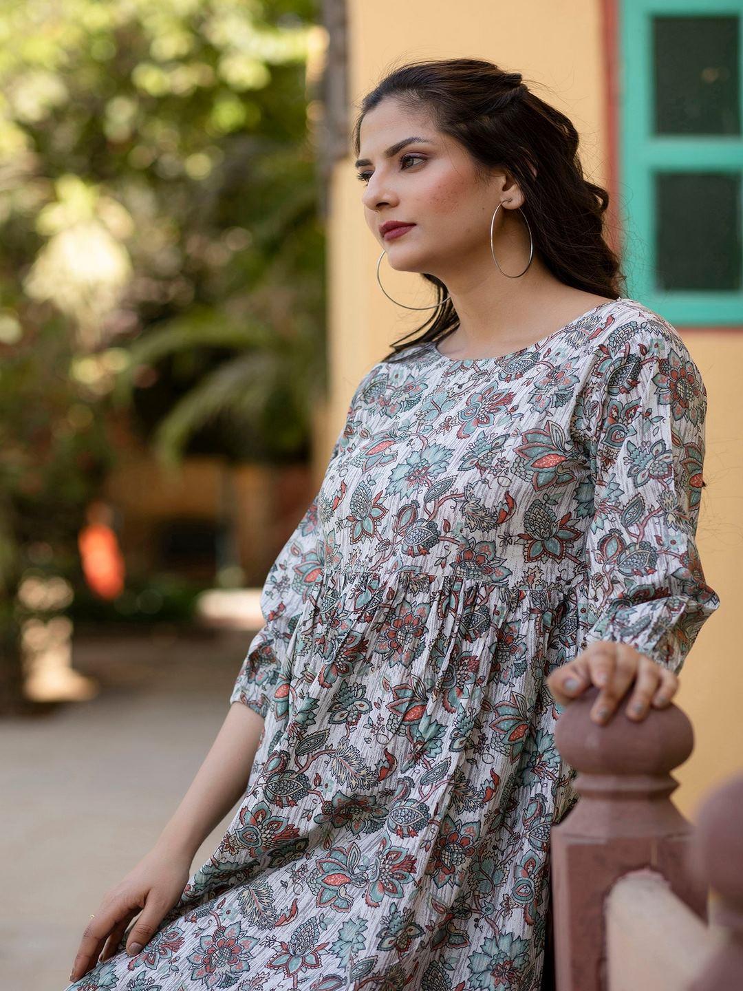 Off-White Ethnic Printed Flared Dress With Three Quarter Sleeves
