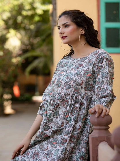 Off-White Ethnic Printed Flared Dress With Three Quarter Sleeves