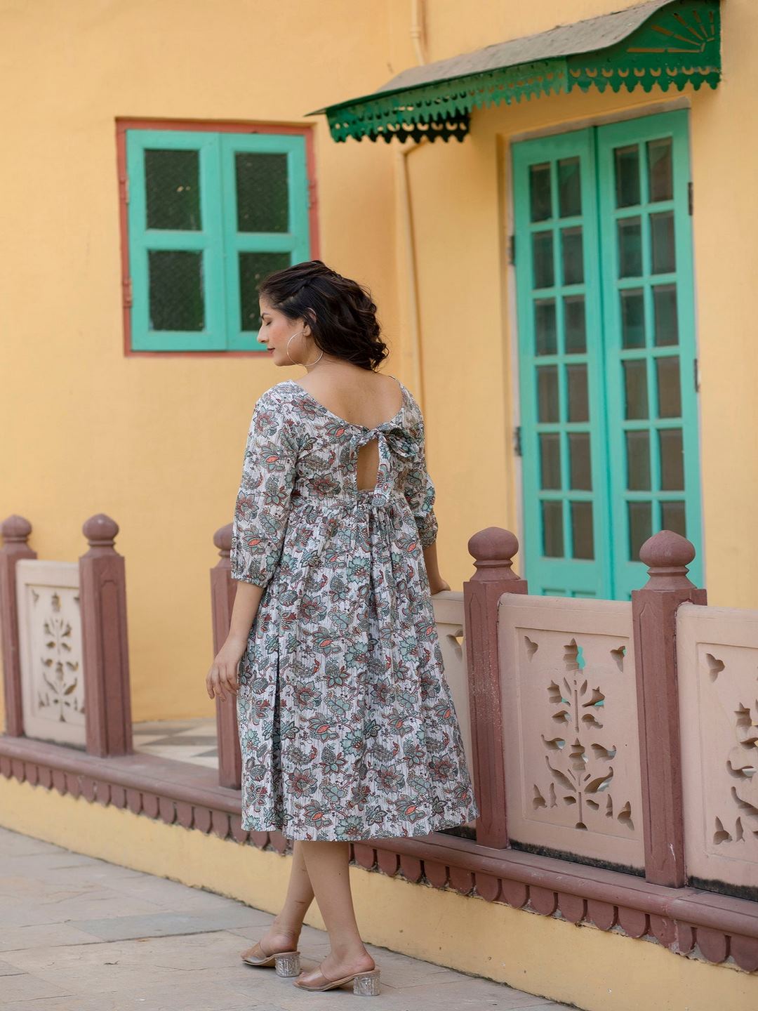 Off-White Ethnic Printed Flared Dress With Three Quarter Sleeves