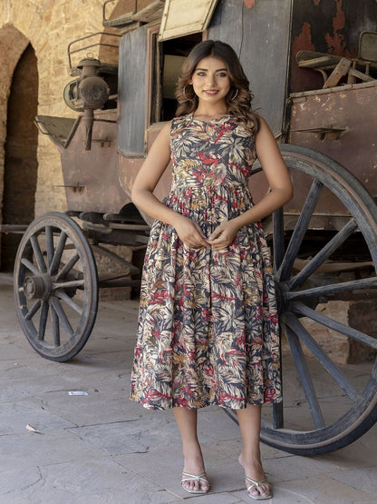 Black Abstract Printed Sleeveless Midi Dress