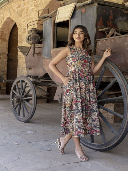 Black Abstract Printed Sleeveless Midi Dress