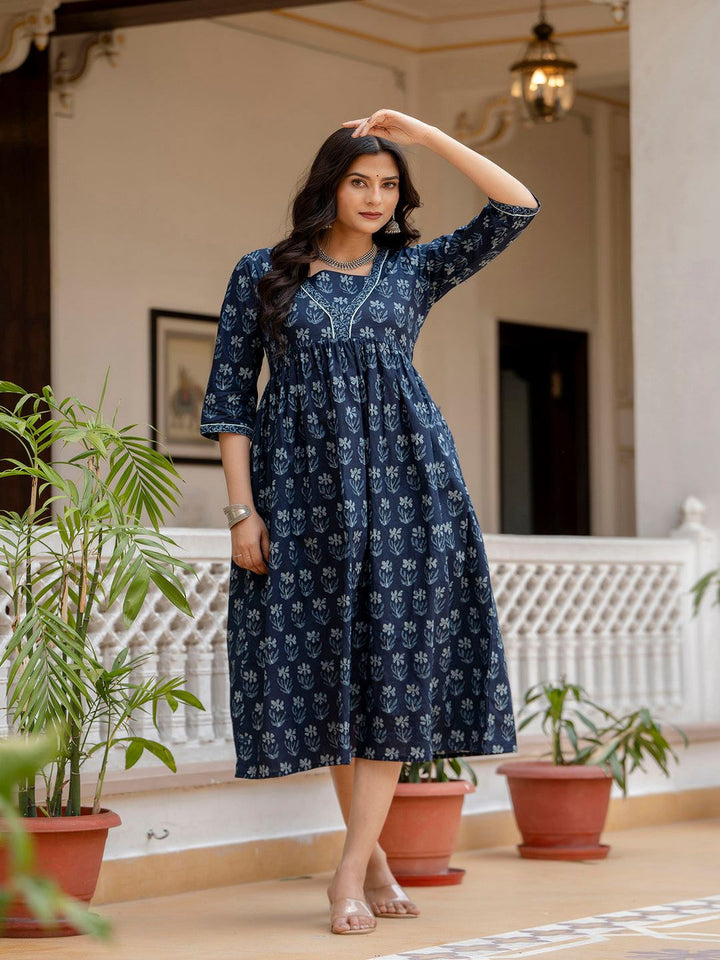 Navy Blue Ethnic Printed Flared Dress