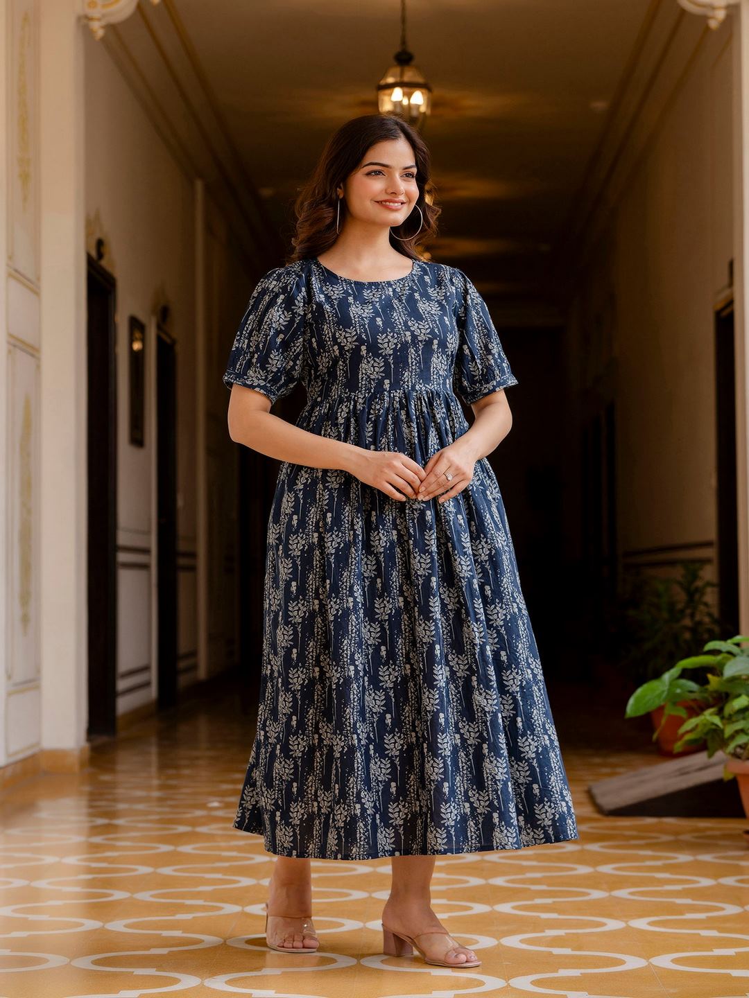 Navy Blue Printed Flared Dress