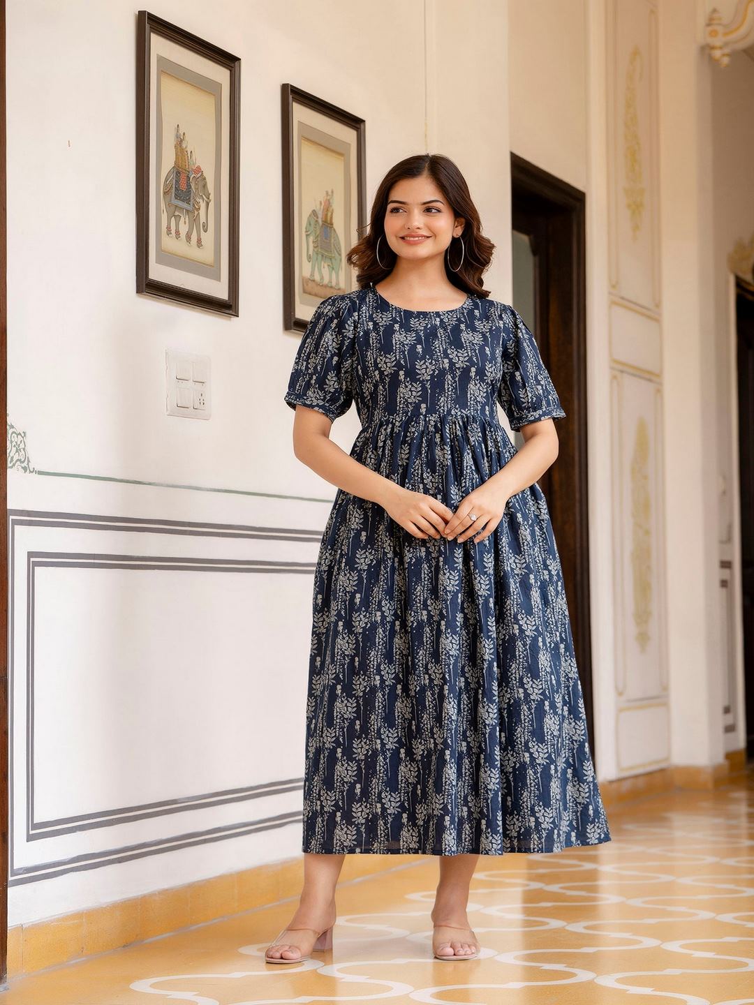 Navy Blue Printed Flared Dress