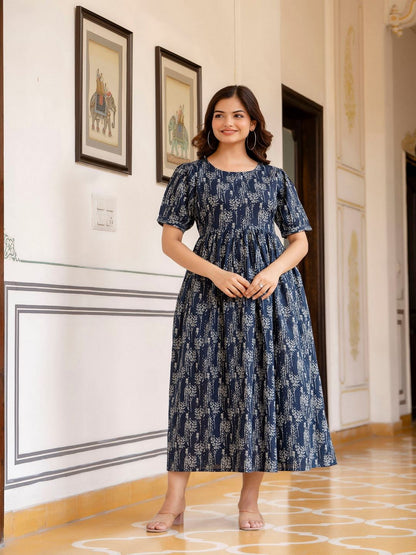 Navy Blue Printed Flared Dress
