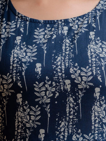 Navy Blue Printed Flared Dress