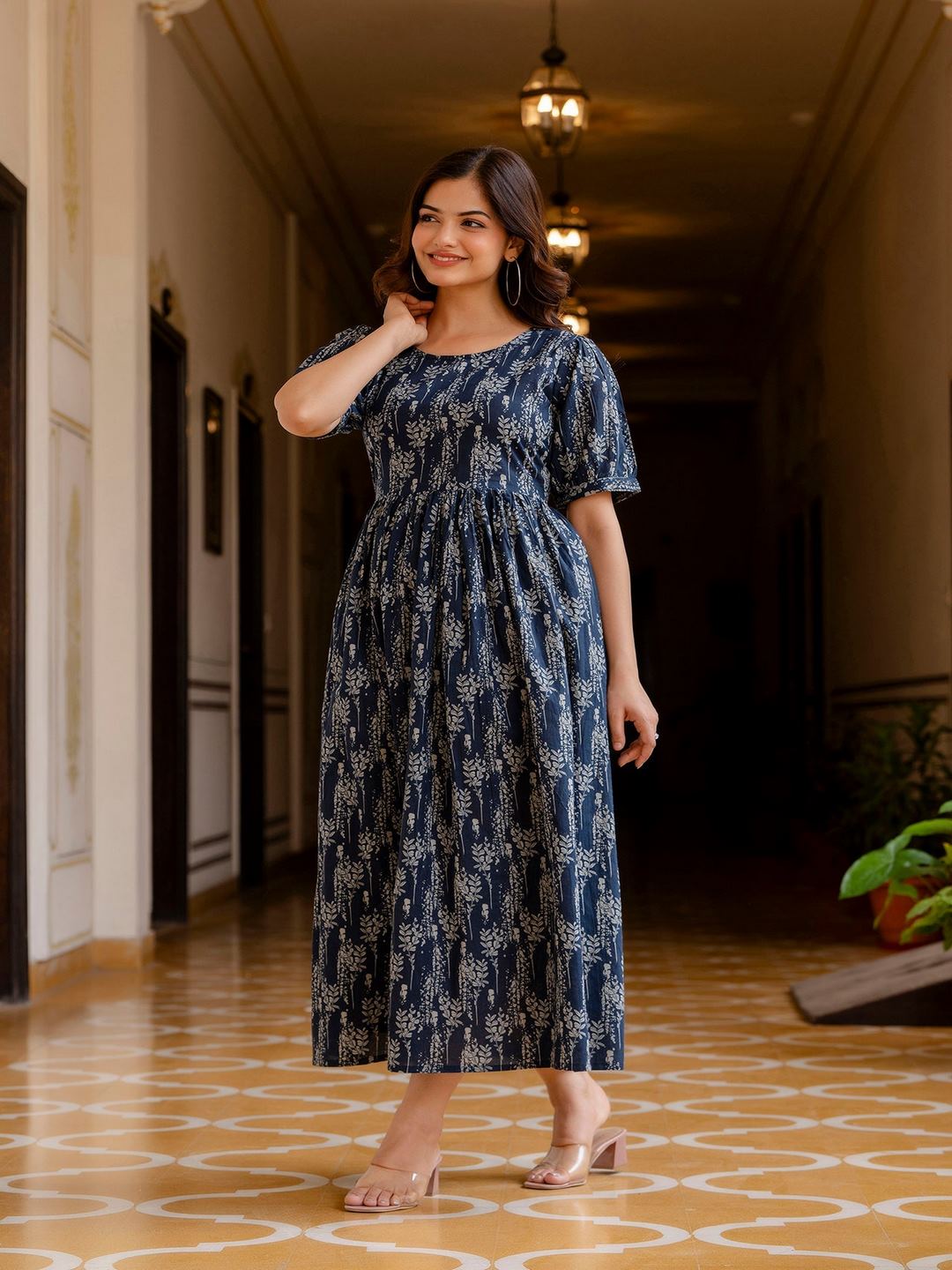 Navy Blue Printed Flared Dress