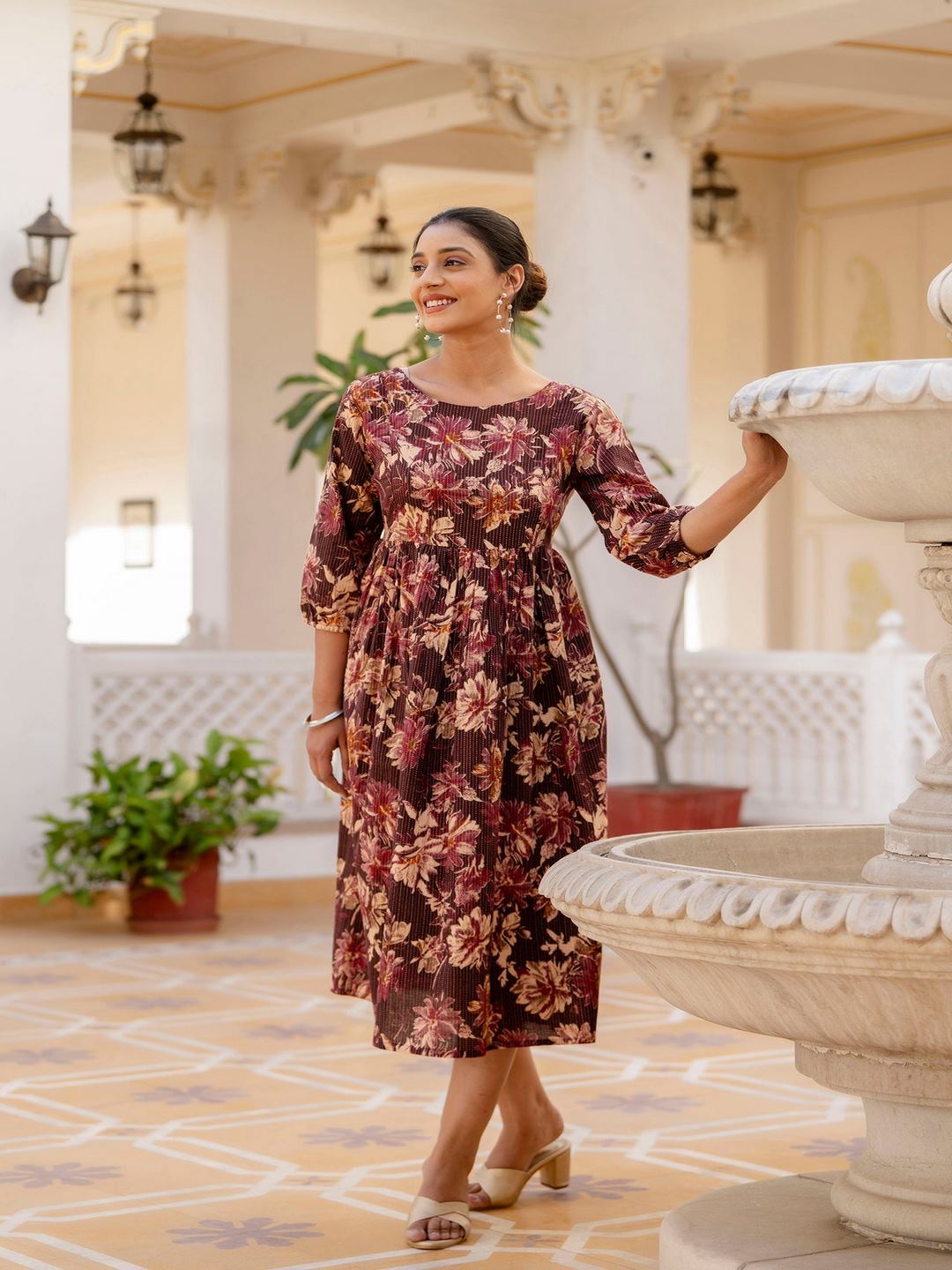 Burgundy Printed Flared Dress