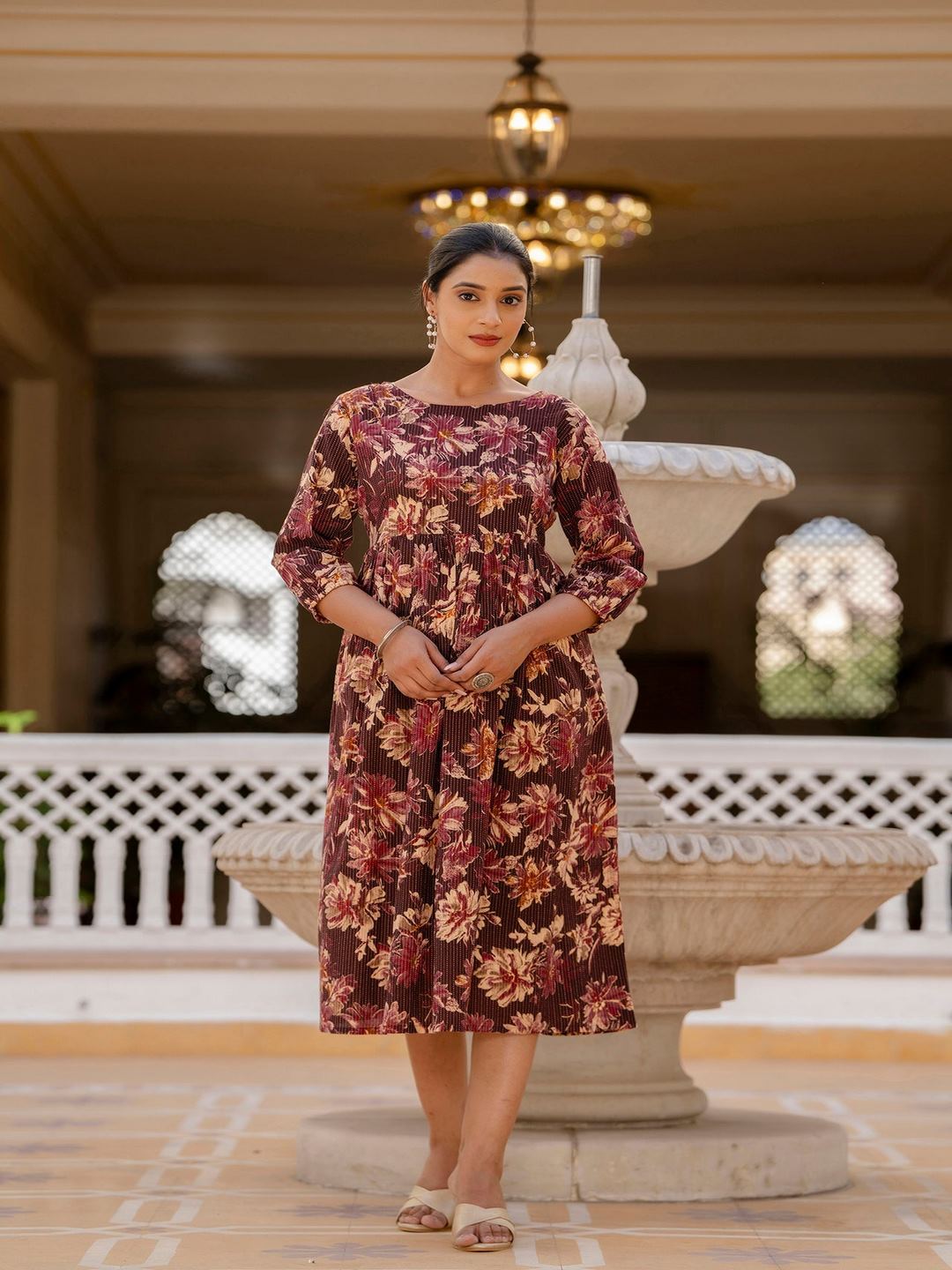 Burgundy Printed Flared Dress
