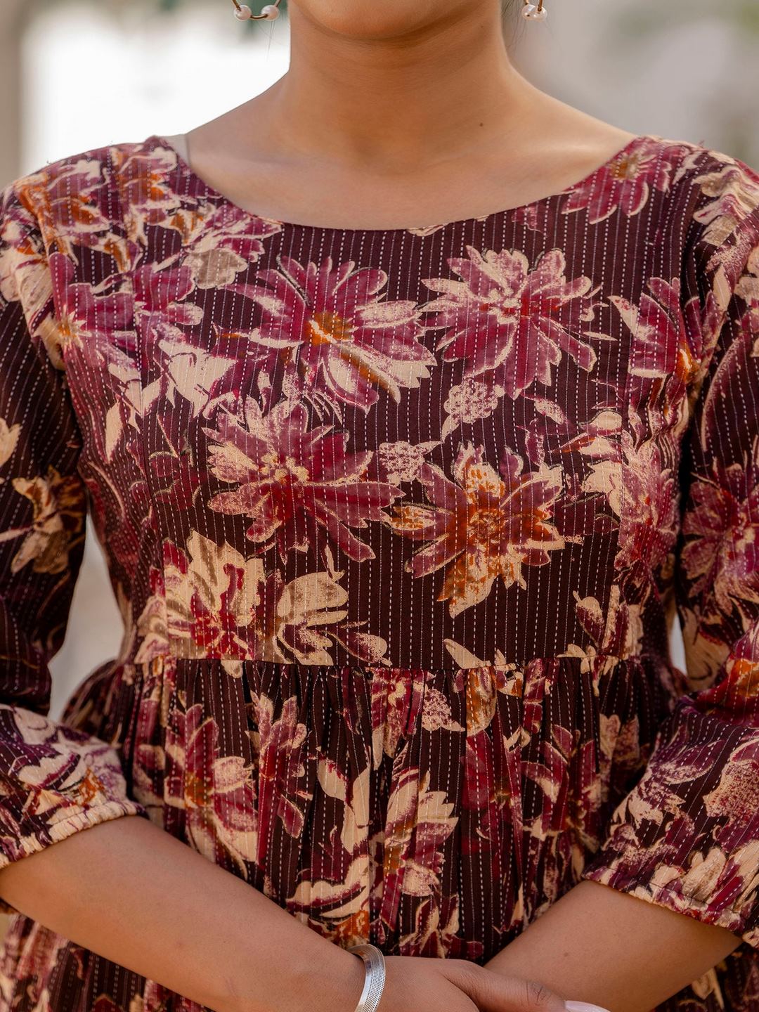 Burgundy Printed Flared Dress