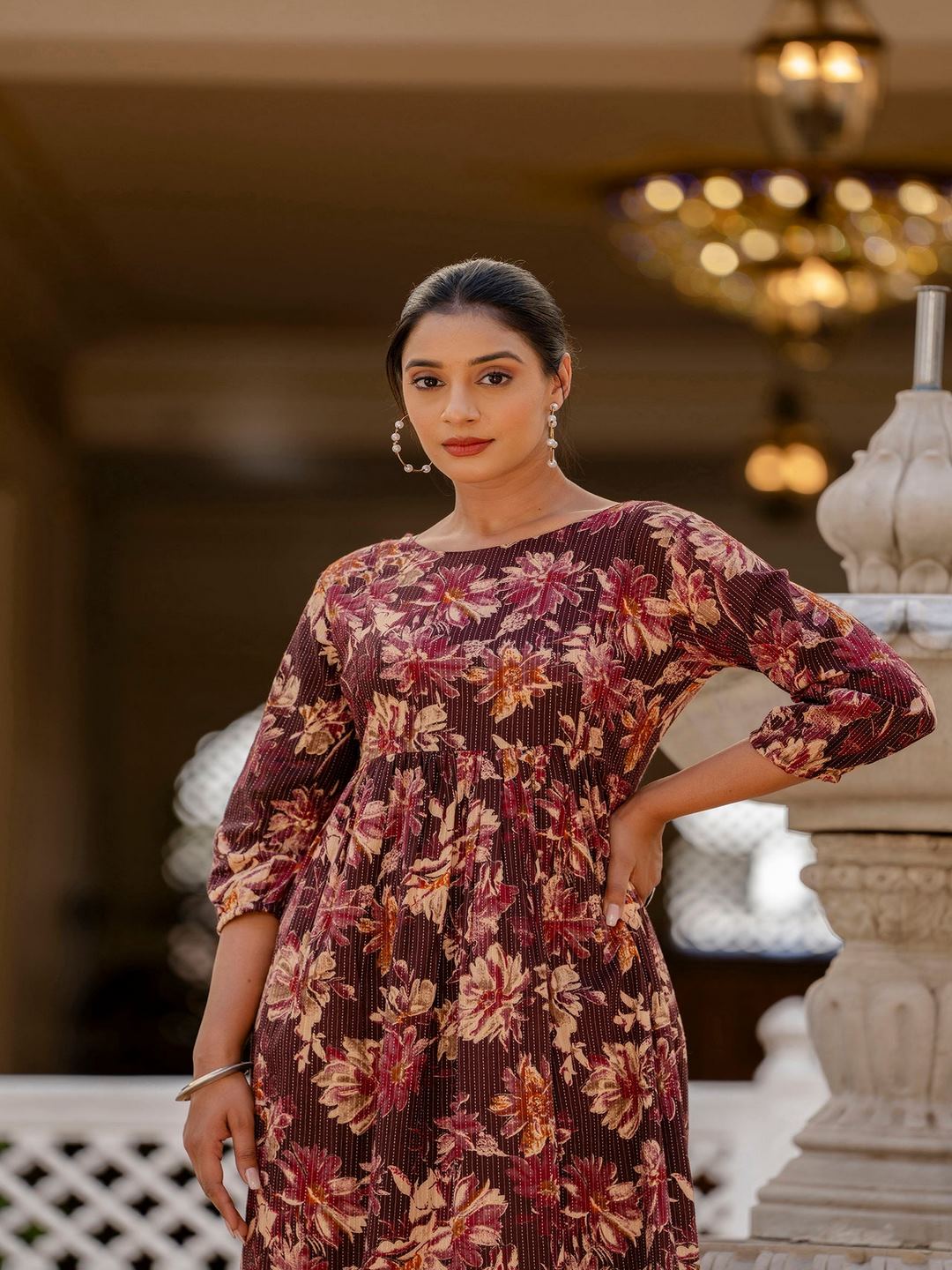 Burgundy Printed Flared Dress