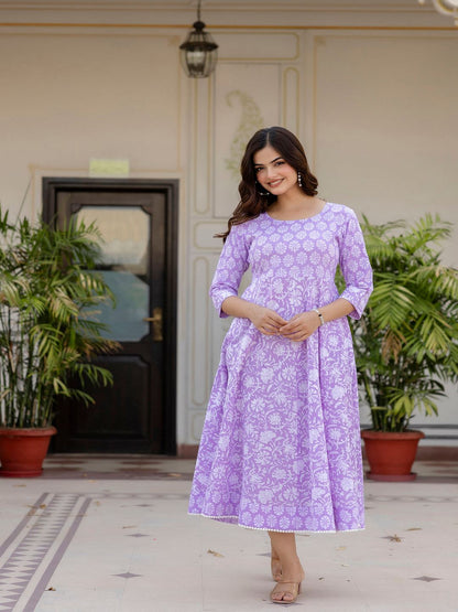 Purple Ethnic Printed Flared Dress