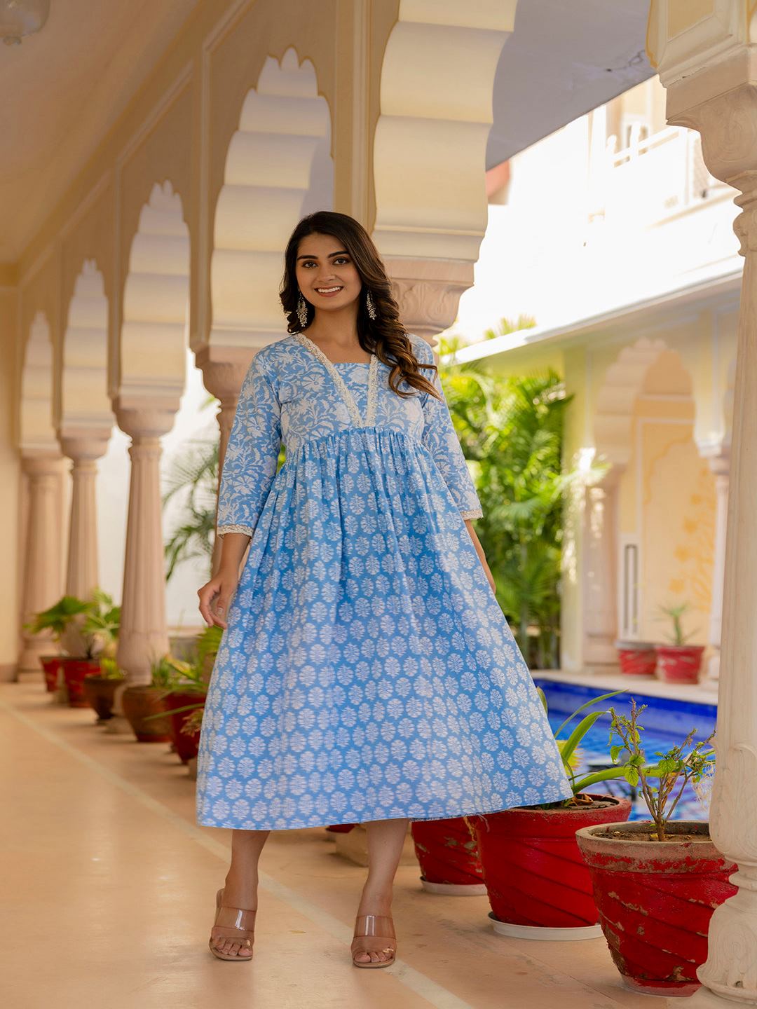 Blue Ethnic Printed Flared Dress