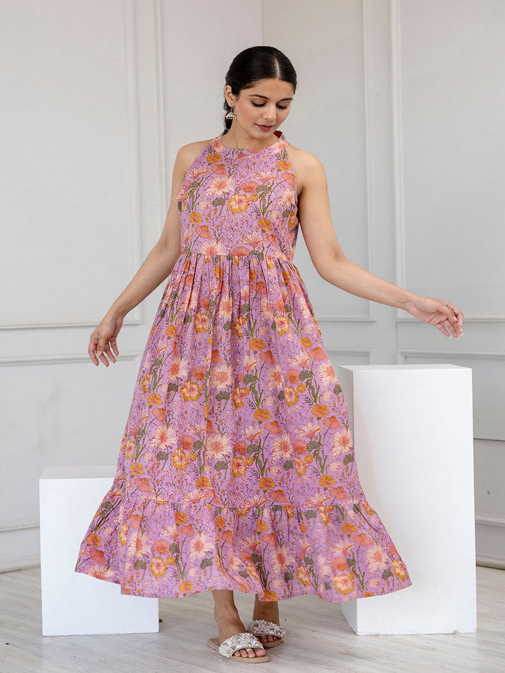 Lavender Printed Sleeveless Flared Dress