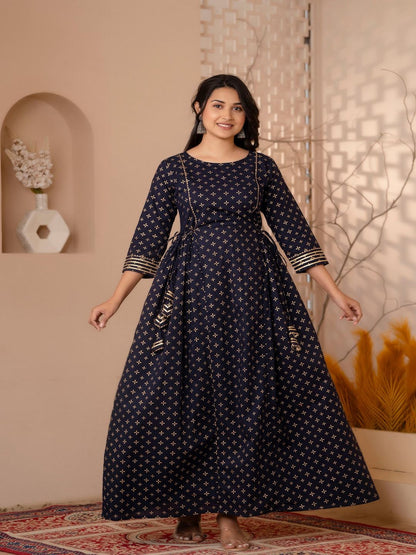 Navy Blue Gold Printed Flared Dress With Three Quarter Sleeves Trendphoria Navy Blue Gold Printed Flared Dress With Three Quarter Sleeves Trendphoria