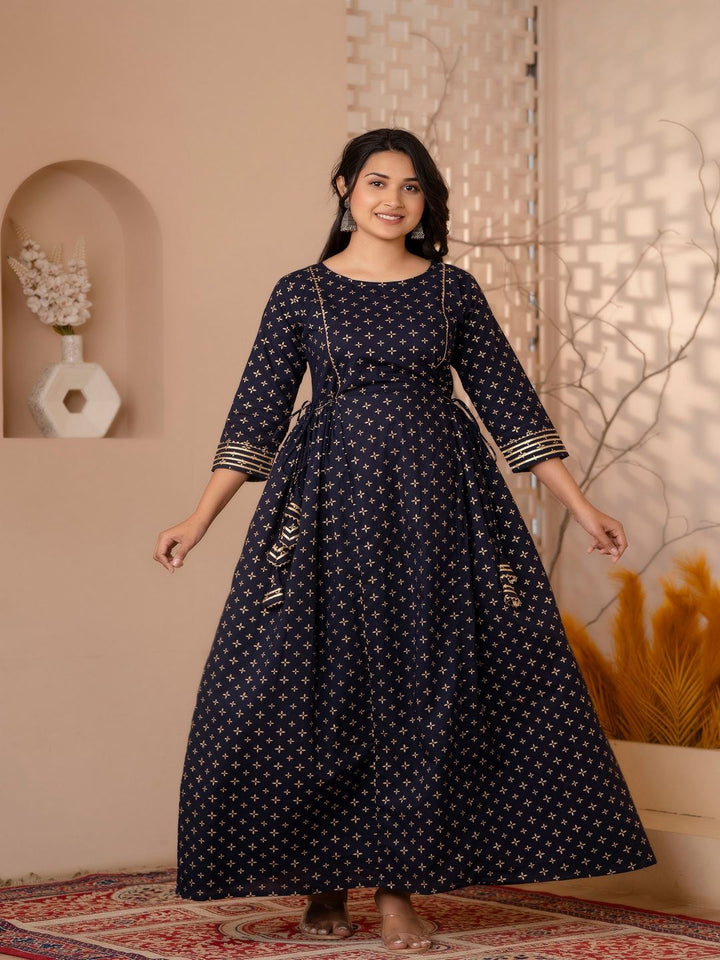 Navy Blue Gold Printed Flared Dress With Three Quarter Sleeves