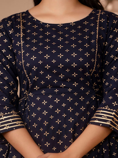 Navy Blue Gold Printed Flared Dress With Three Quarter Sleeves Trendphoria Navy Blue Gold Printed Flared Dress With Three Quarter Sleeves Trendphoria