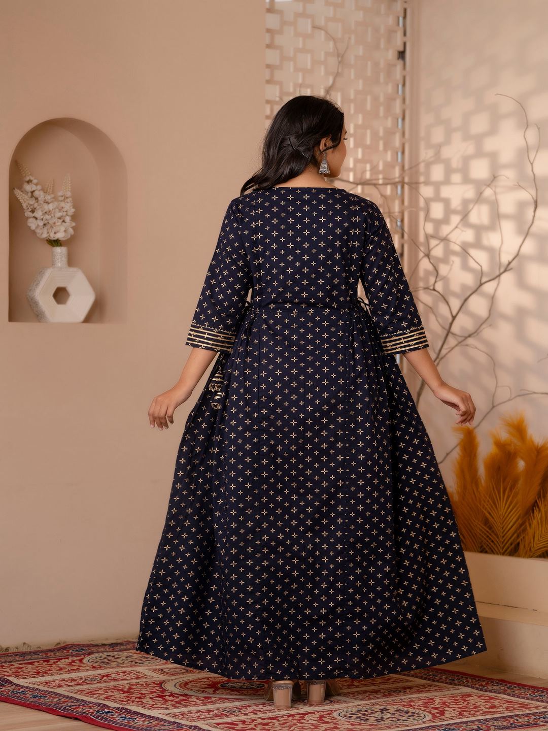 Navy Blue Gold Printed Flared Dress With Three Quarter Sleeves