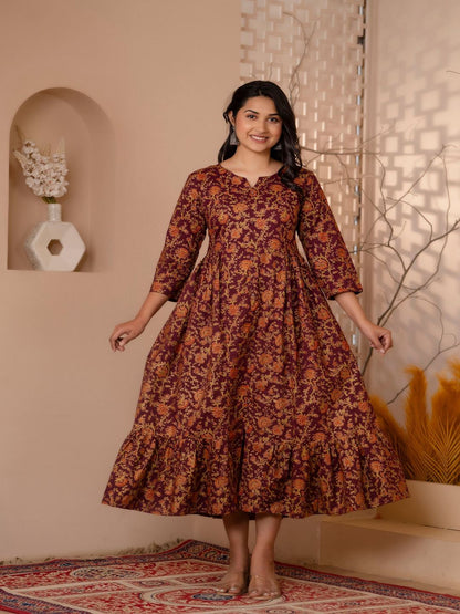 Burgundy Gold Printed Floral Print Tiara Dress