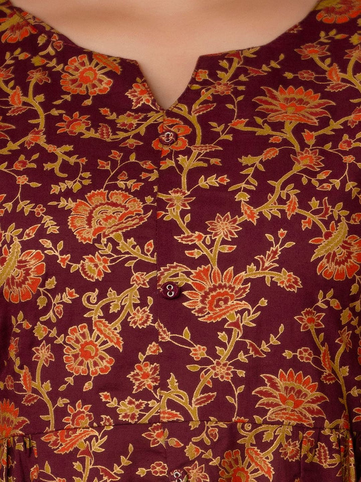 Burgundy Gold Printed Floral Print Tiara Dress