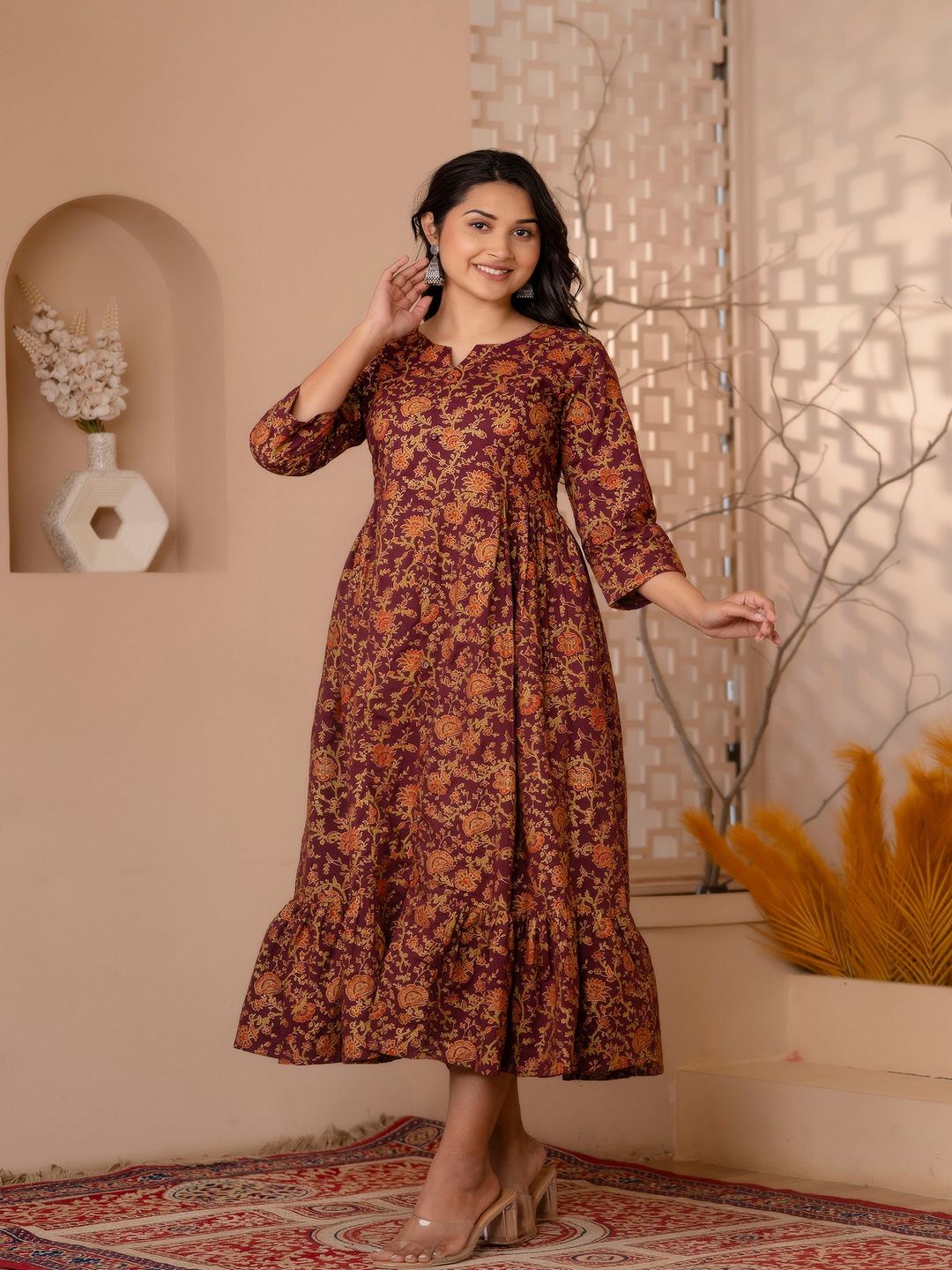 Burgundy Gold Printed Floral Print Tiara Dress