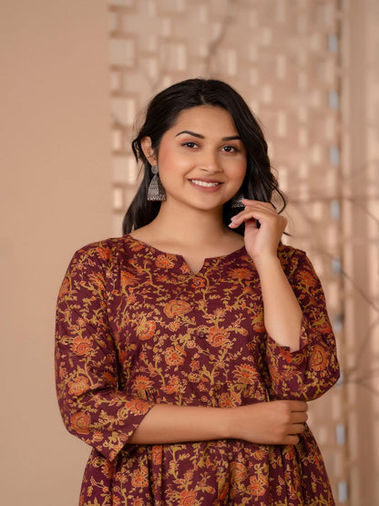 Burgundy Gold Printed Floral Print Tiara Dress