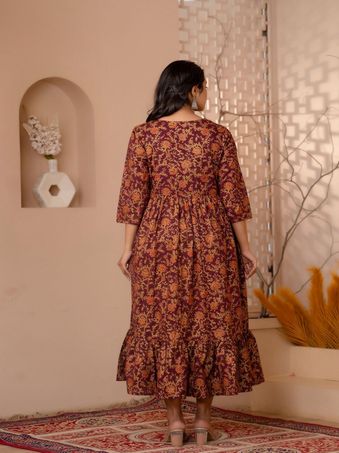Burgundy Gold Printed Floral Print Tiara Dress