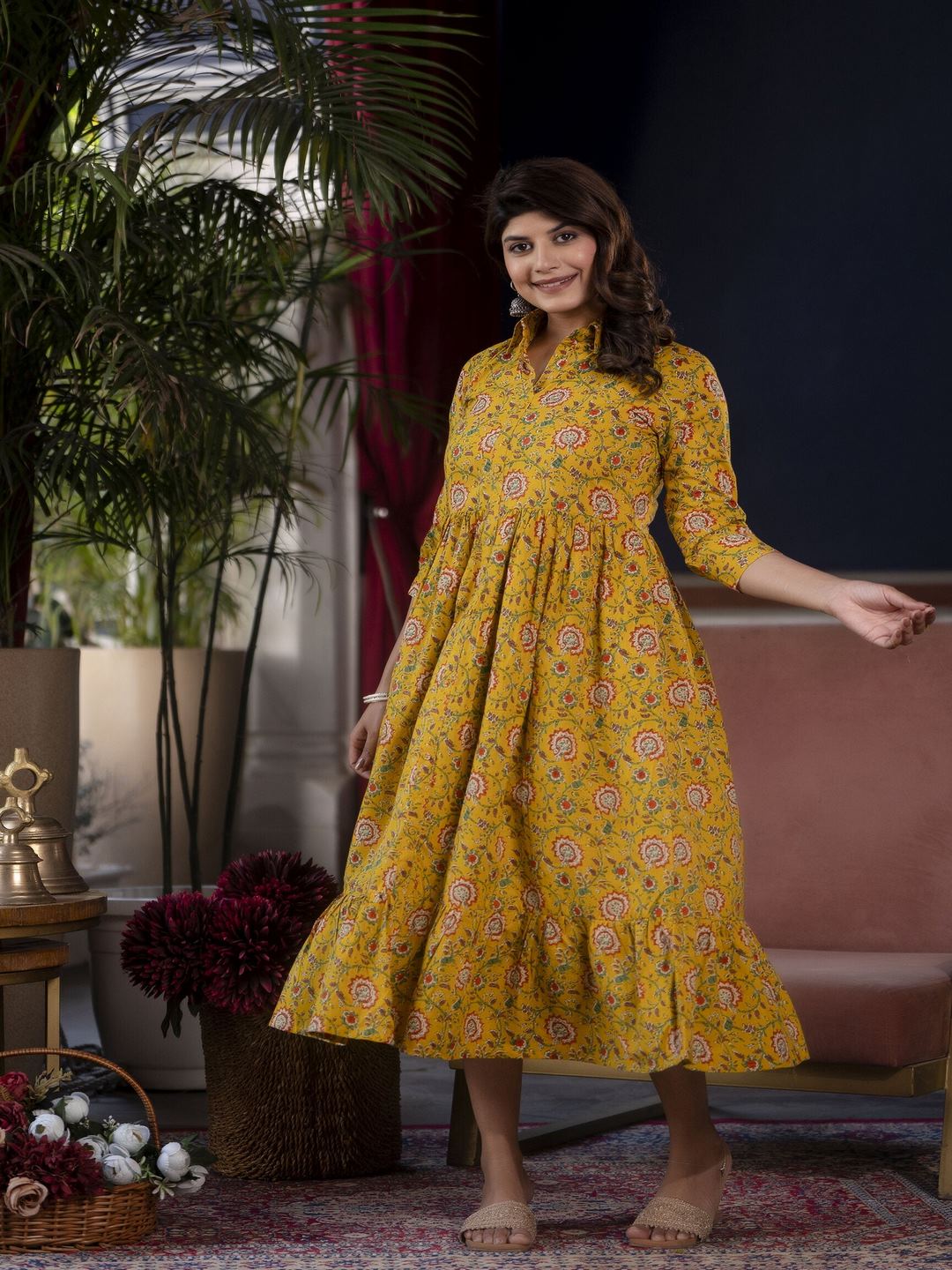 Yellow Floral Printed Flared Dress