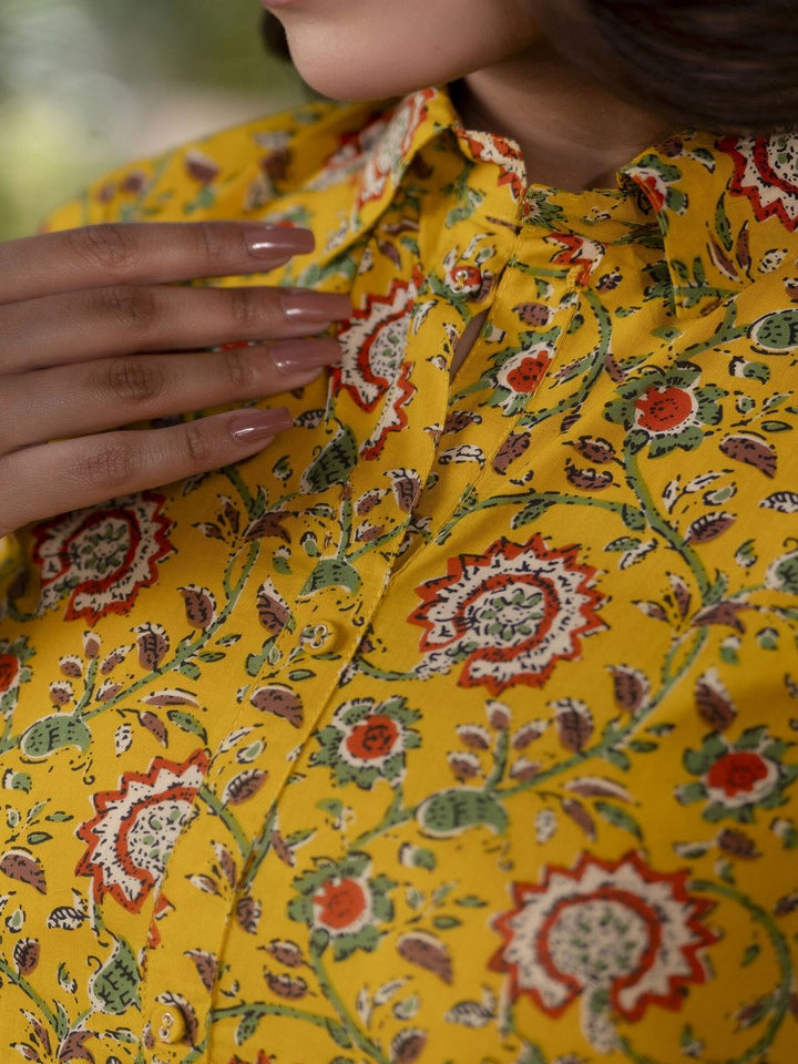 Yellow Floral Printed Flared Dress