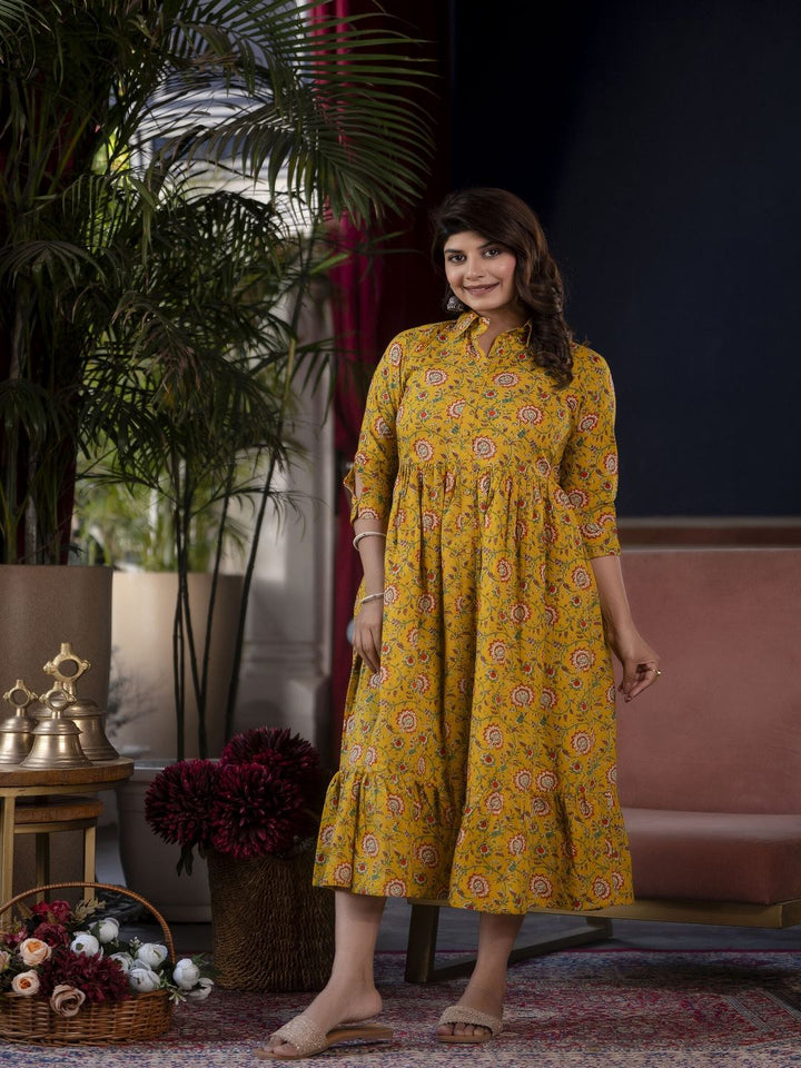 Yellow Floral Printed Flared Dress