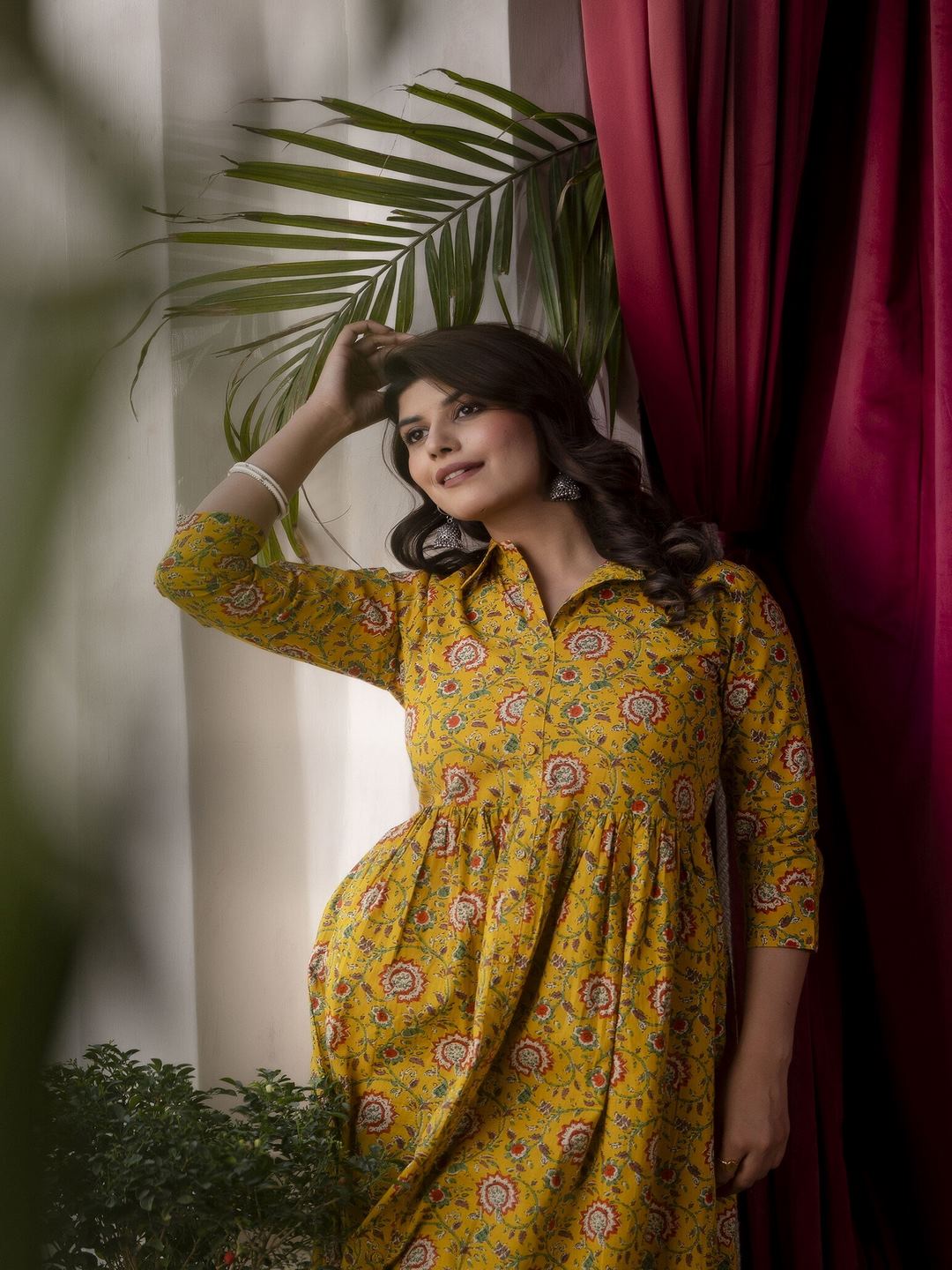 Yellow Floral Printed Flared Dress