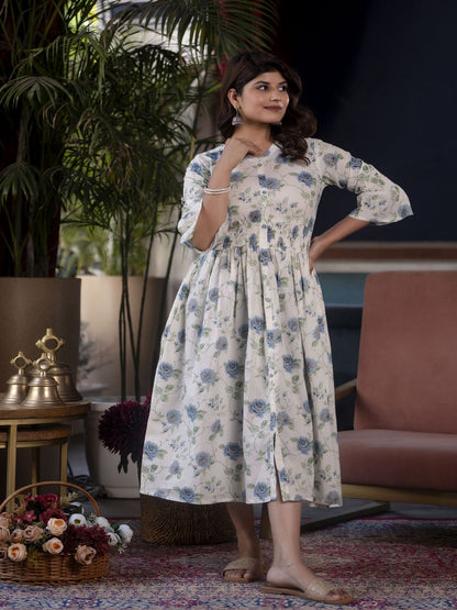 White Floral Printed Flared Dress