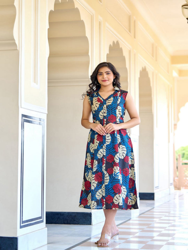 Black Abstract Printed Sleeveless A-Line Dress