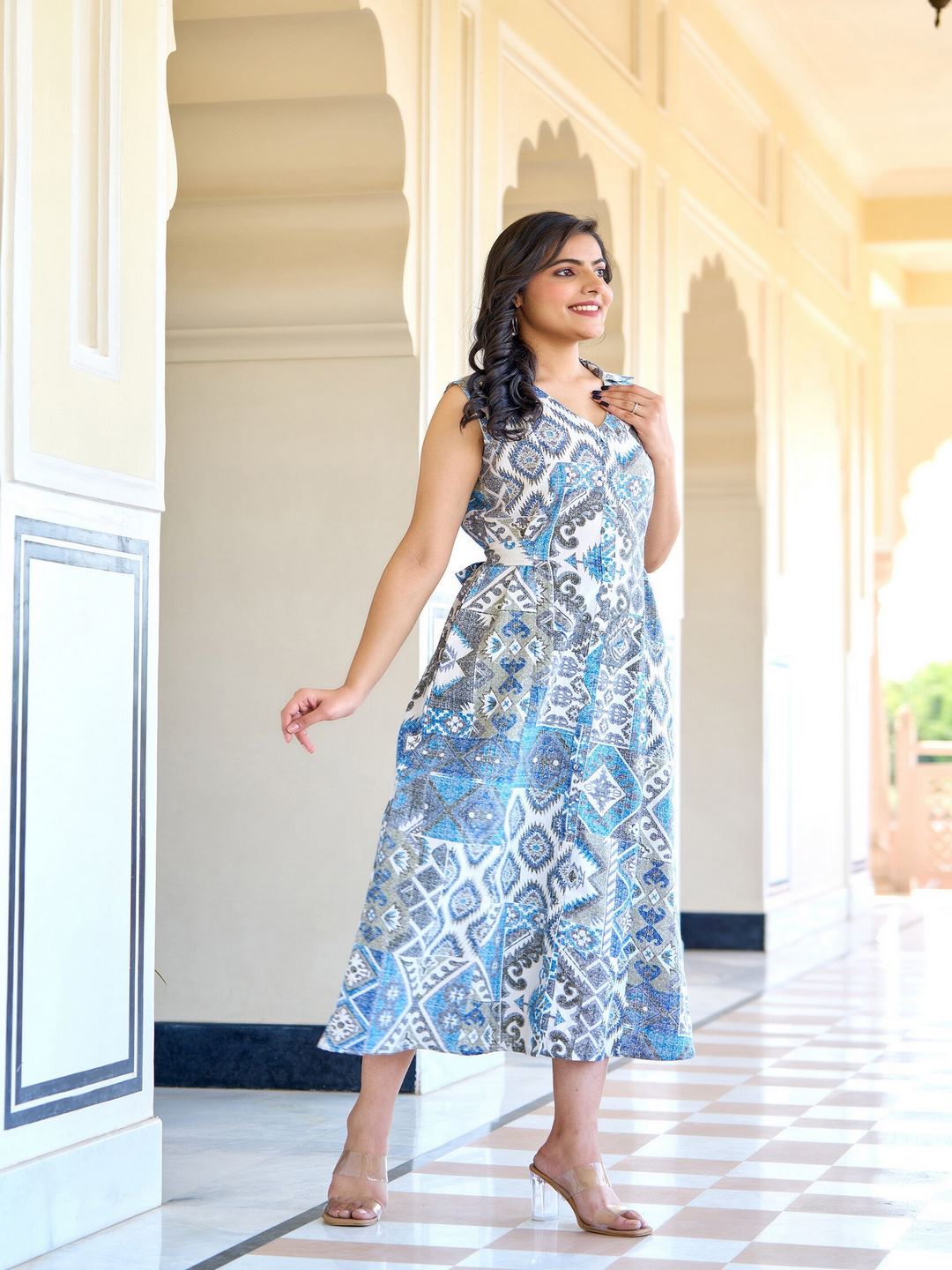 Off White Abstract Printed Sleeveless Midi Dress