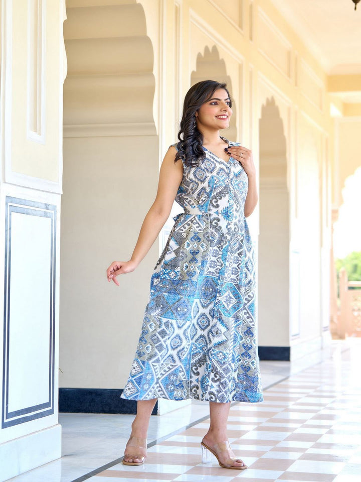 Off White Abstract Printed Sleeveless Midi Dress