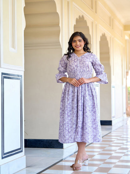 Purple Printed Flared Dress