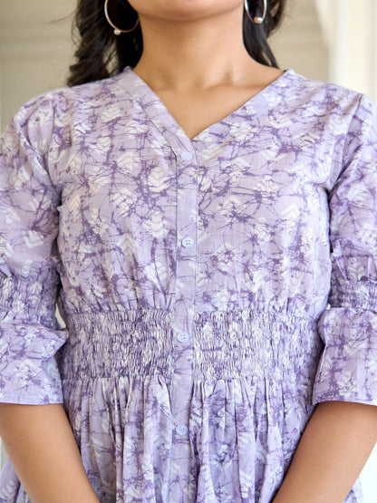 Purple Printed Flared Dress