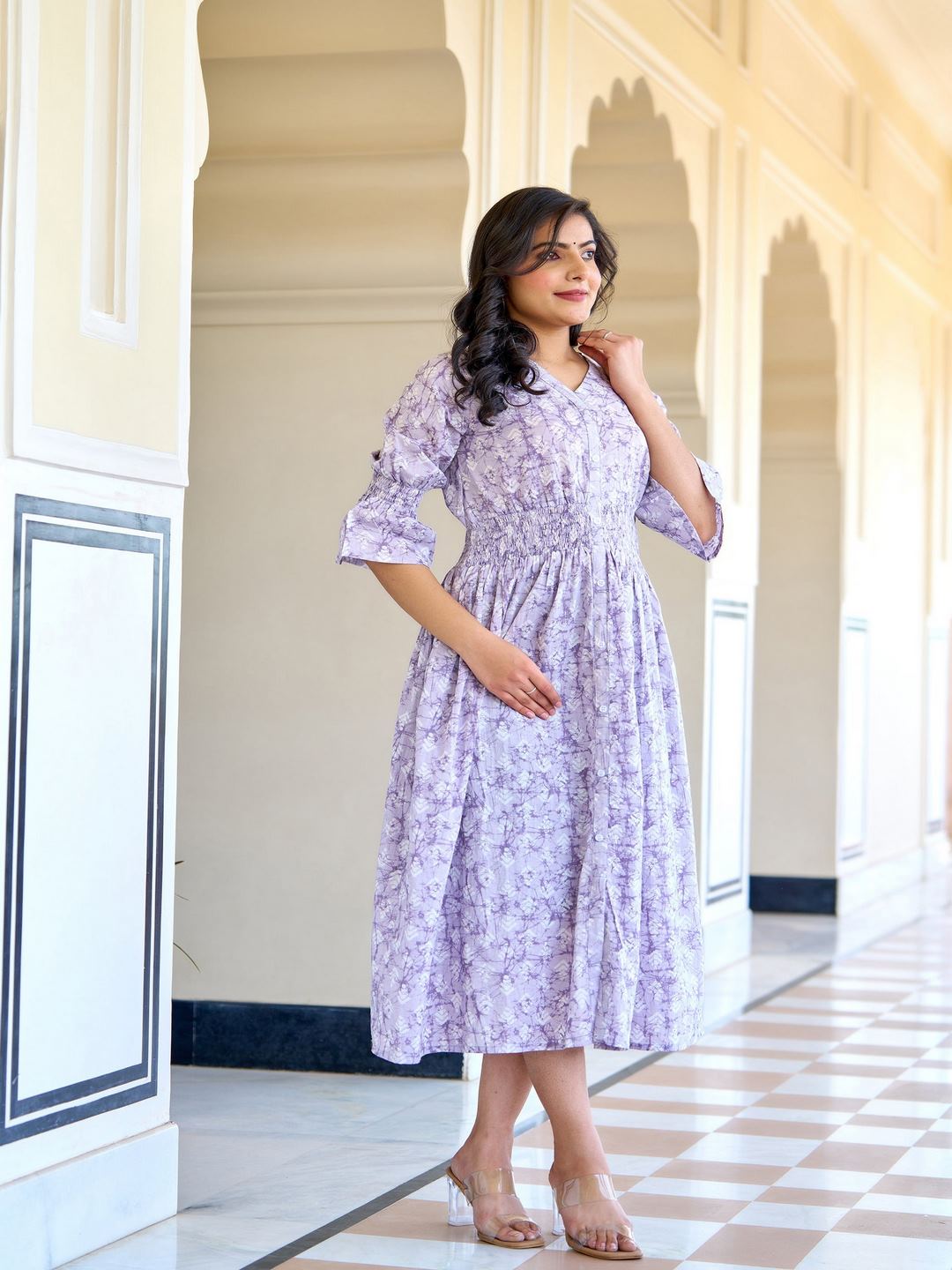 Purple Printed Flared Dress
