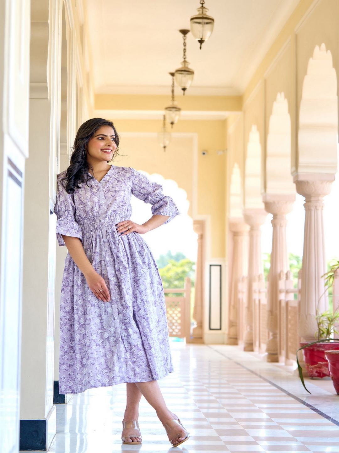 Purple Printed Flared Dress