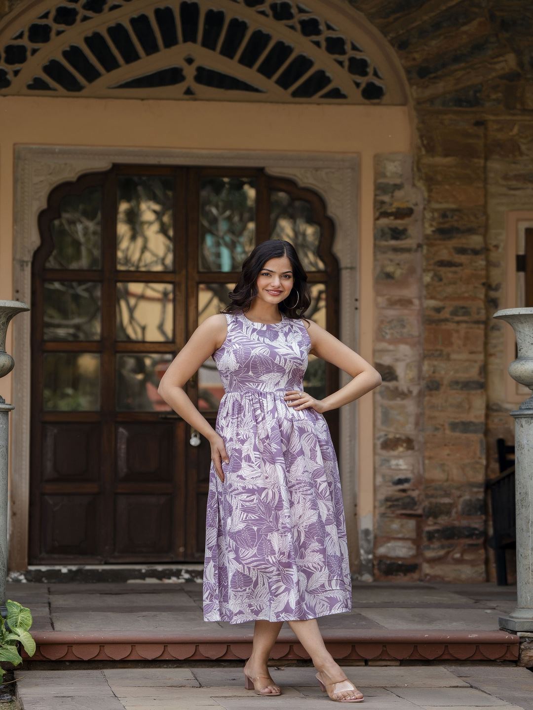 Purple Abstract Printed Sleeveless Midi Dress