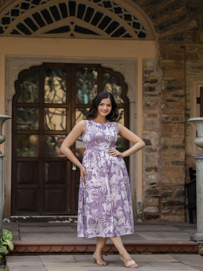 Purple Abstract Printed Sleeveless Midi Dress