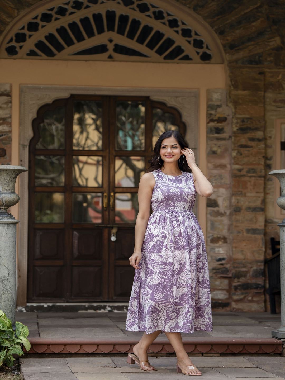 Purple Abstract Printed Sleeveless Midi Dress