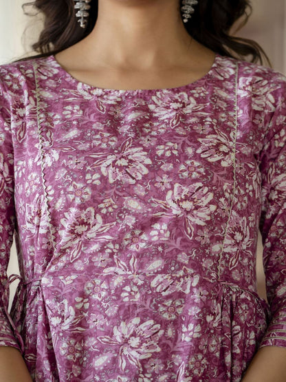 Pink Printed Flared Dress With Three Quarter Sleeves