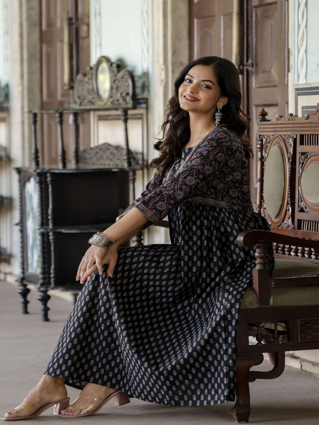 Black Ethnic Printed Flared Dress