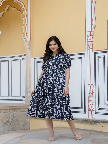 Black Abstract Printed Midi Dress