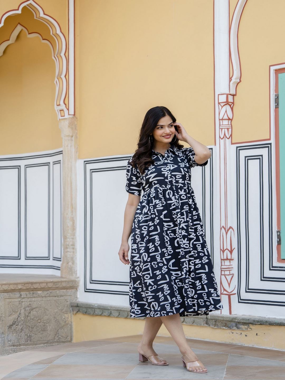Black Abstract Printed Midi Dress