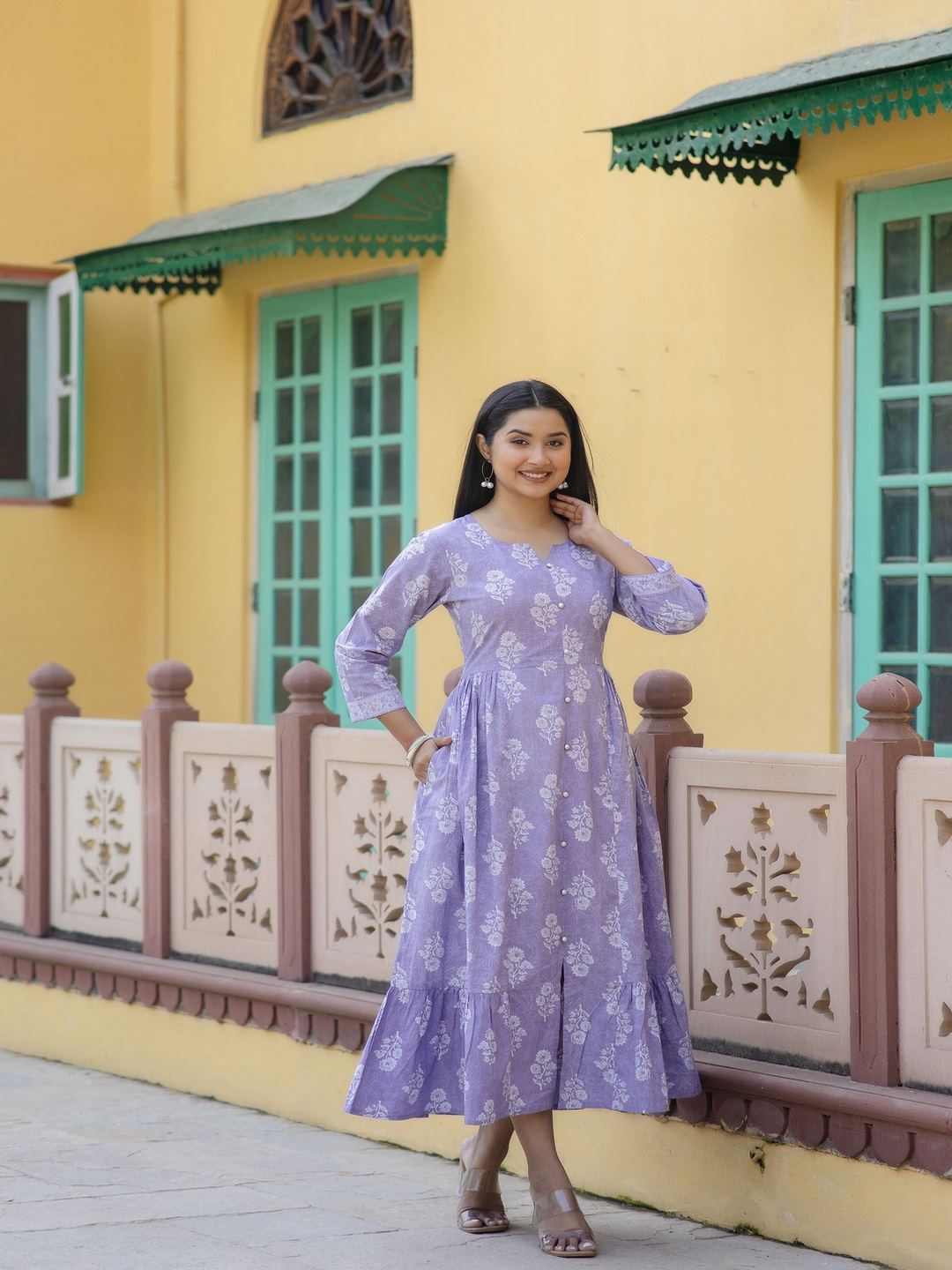 Purple Ethnic Printed Flared Dress