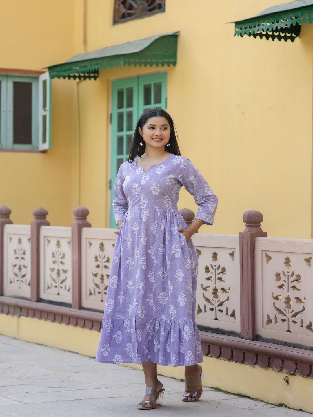 Purple Ethnic Printed Flared Dress