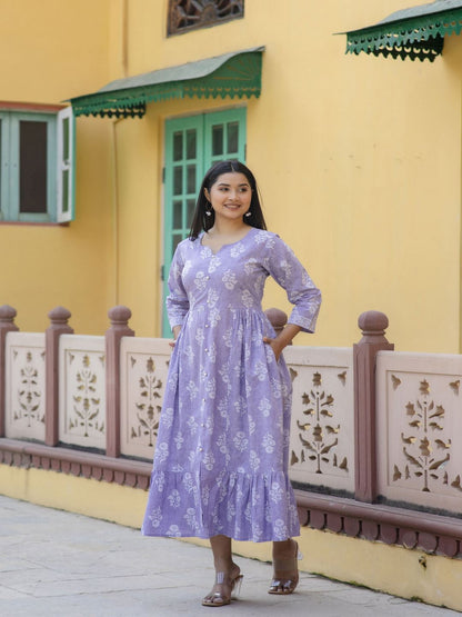 Purple Ethnic Printed Flared Dress