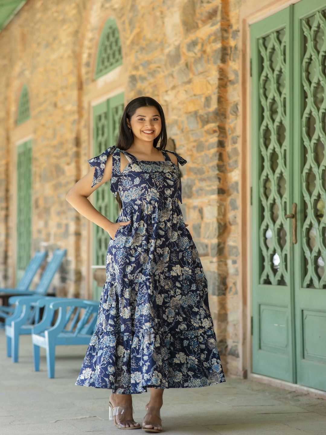 Navy Blue Floral Printed Sleeveless Dress